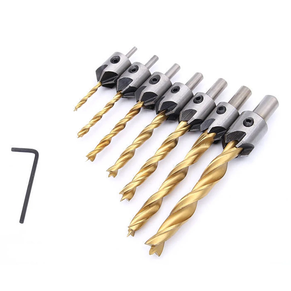 8pcs Titanium Coating Countersunk Drill Set Reamer Woodworking Chamfer High Speed Steel Counterbore Hole Cutter 3/4/5/6/7/8/10mm