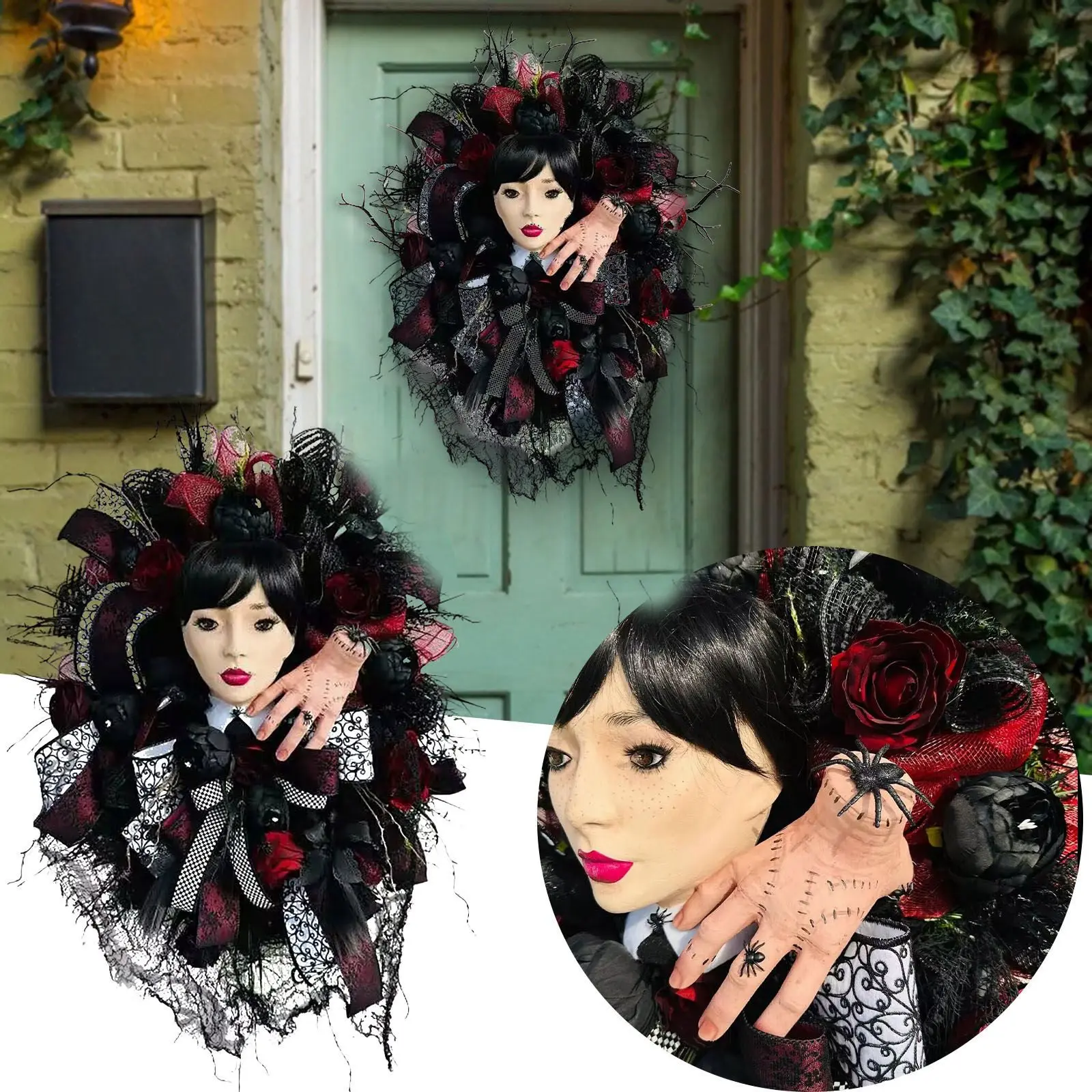 40CM Autumn Halloween Wreath Black Wreath Halloween Horror Movie Series Door Hanging Wreath Home Garden Halloween Decoration
