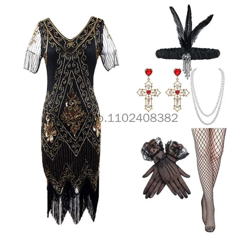 

Plus Size 5xl/4xl 1920s Gatsby Women's Vintage Sequin Beaded Long Fringed Tassels Hem Flapper Dress Party Dress /Accessories Set