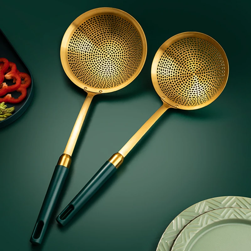 

Stainless Steel Luxury Soup Strainer Modern Noodles Colander Gold Spoon Ladle Fryer Fat Hot Pot Skimmer Home Kitchen Utensils