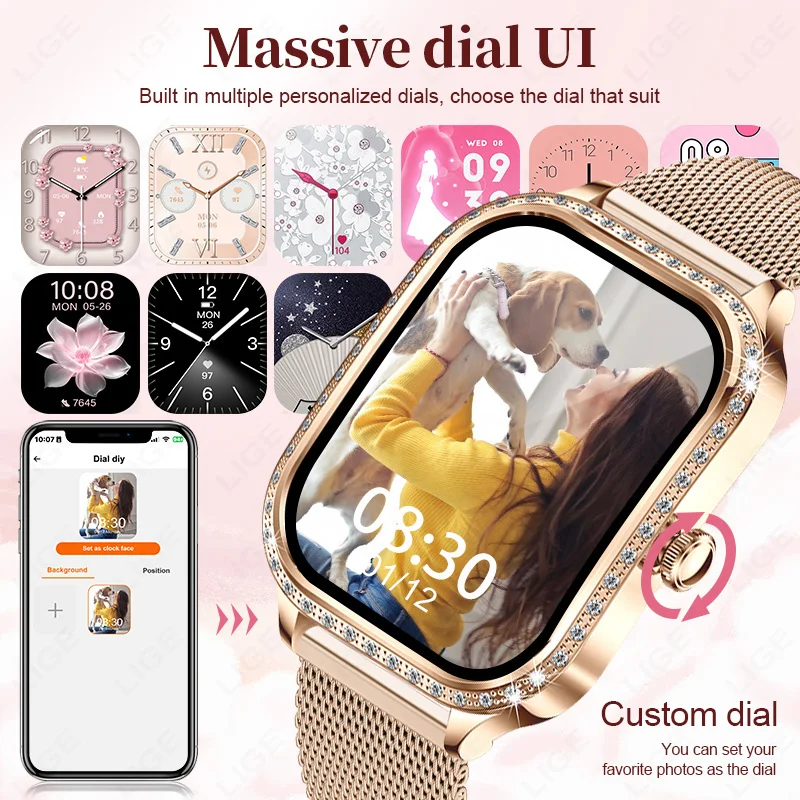LIGE Smart Watch Women Bluetooth Call Heart Rate Blood Oxygen Monitor Custom Watch Face Smartwatch Ladies Sport Fitness Pedomete