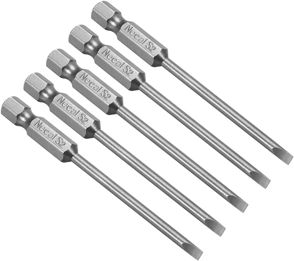

Kidisoii 5 Pcs 3mm Slotted Tip Magnetic Flat Head Screwdriver Bits, 1/4 Inch Hex Shank 3-inch Length S2 Power Tool