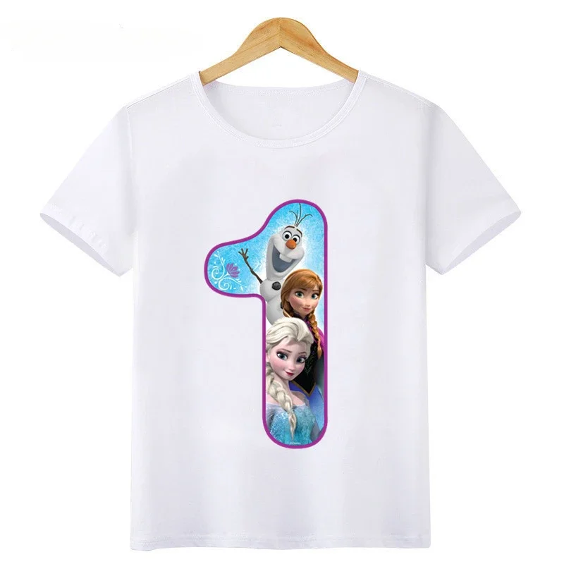 

Disney Princess Frozen Elsa Anna Number Bow Print T shirt Kids Clothes 1 2 3 4 5 6 7 8 9 Years Birthday Girls T-Shirts Baby Tops