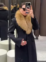 Elegant Faux Fur Wool Long Coat Women Solid Full Sleeve Lapel Patchwork Waist-closed Slim Coats Female Fashion Winter Outwear 4