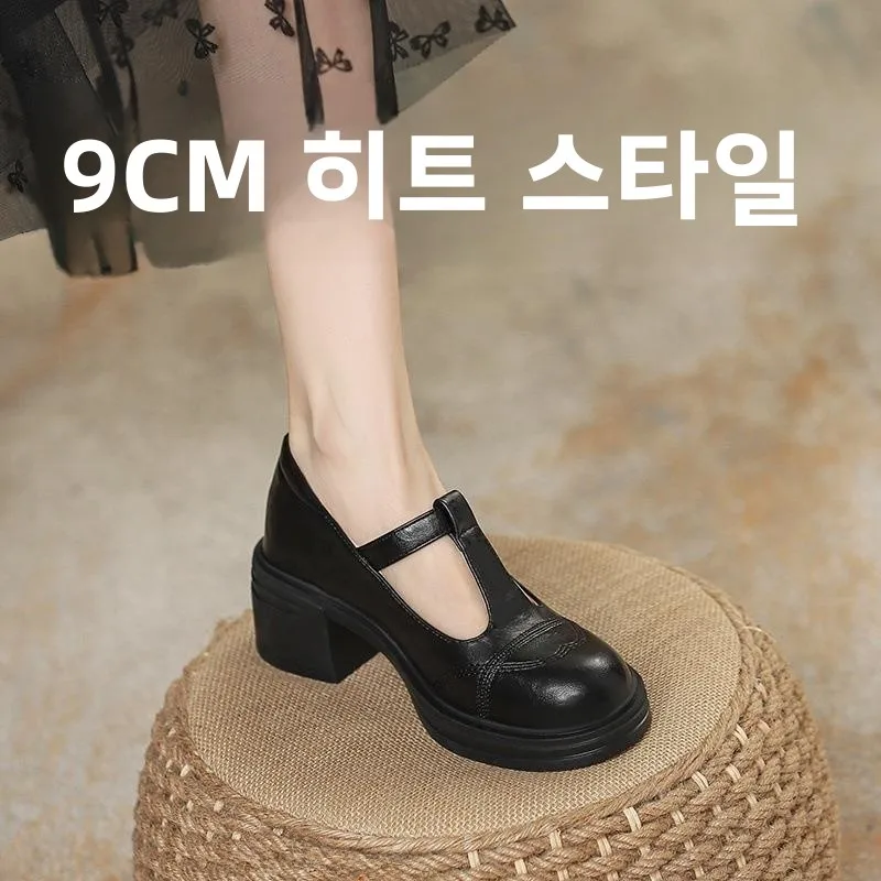 가죽 두꺼운 굽 버클 여성 플랫 키높이 9cm 싱글 슈즈 하이힐 메리제인 야외 캠핑 여행 부츠