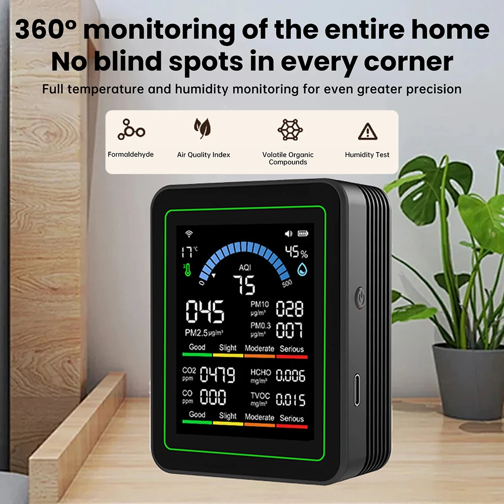 10 in 1 Air Quality Detector PM2.5 PM10 Particle Counter CO CO2 TVOC HCHO Temperature Humidity AQI Tester with Alarm