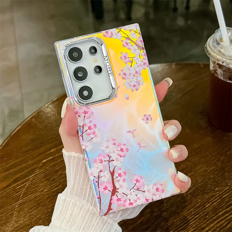 Coque de téléphone à motif de fleur laser pour Samsung Galaxy S25 S23 FE S24 Plus S22 Ultra A14 A15 A55 A54 A25 A35 A34 Coque arrière rigide en PC mat_voghion.com