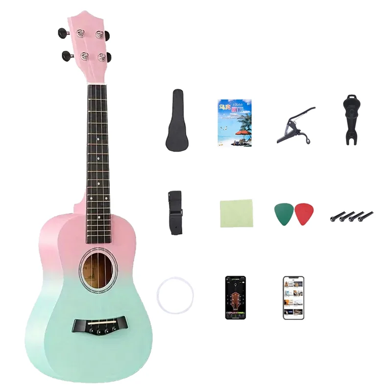 ABHT-23 Zoll zweifarbige Mini-Gitarre aus Holz, viersaitige Ukulele, Ukulele, Mini-Gitarre, zweifarbige Holzgitarre mit Farbverlauf – Detail 1
