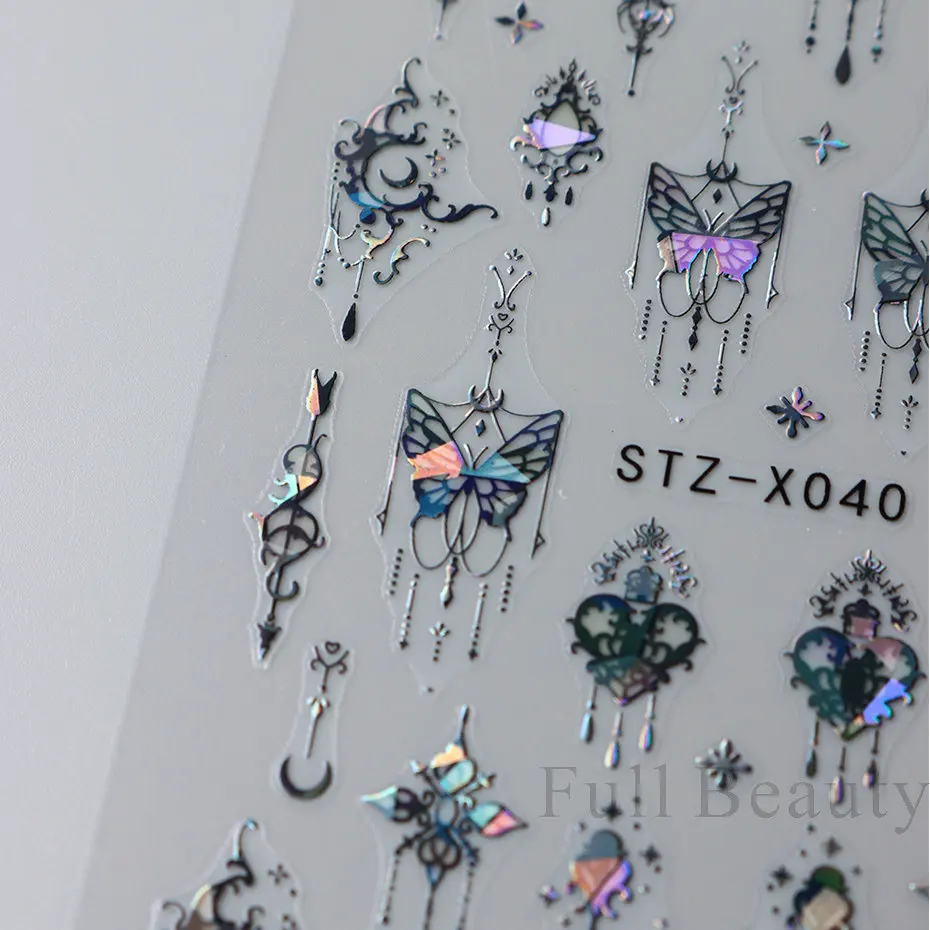 Nail Stickers 3D Holographic Black Butterfly Slider Laser Self-adhesive Decals Dark Castle Tassels Designs