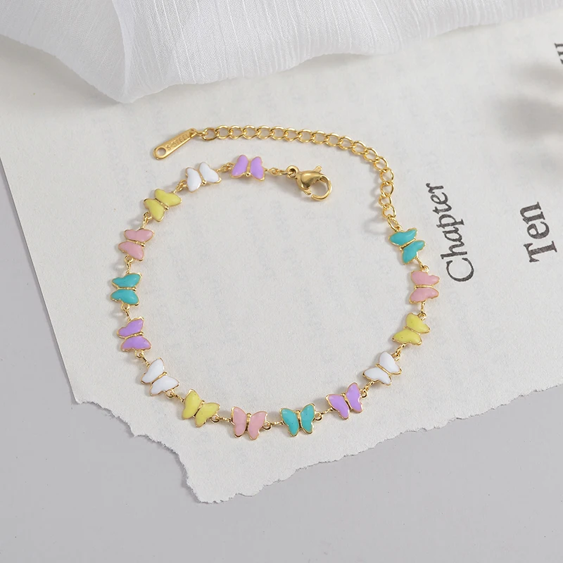 Vintage Colorful Drop Oil  Butterfly Women Bracelets Gold Color Stainless Steel Charms Bracelets Girlfriend Gift