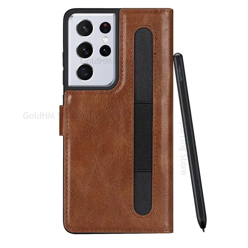 Leather Stylus S Pen Slot Magnetic Flip Phone Case For Samsung S21