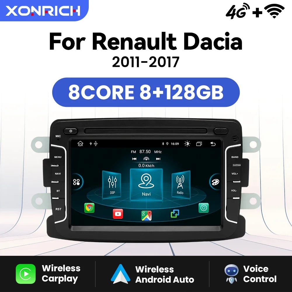 Radio de coche con CarPlay inalámbrico Android 16 para Dacia Logan, Duster, Sandero, Lodgy, Renault Captur, Lada Xray, GPS, navegación, reproductor multimedia 1