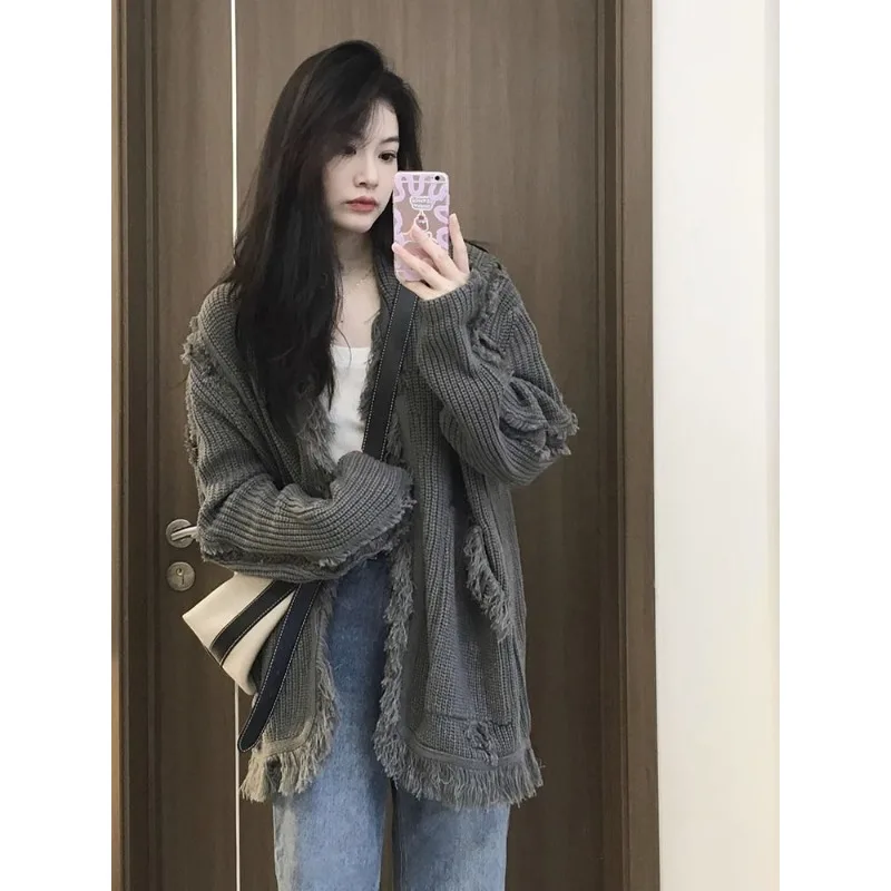 QWEEK 여성용 빈티지 스웨터, 하라주쿠 패션 점퍼, 오버사이즈 가디건, 한국 스트리트웨어, 니트 그레이 스웨터, 가을 시크, 신상