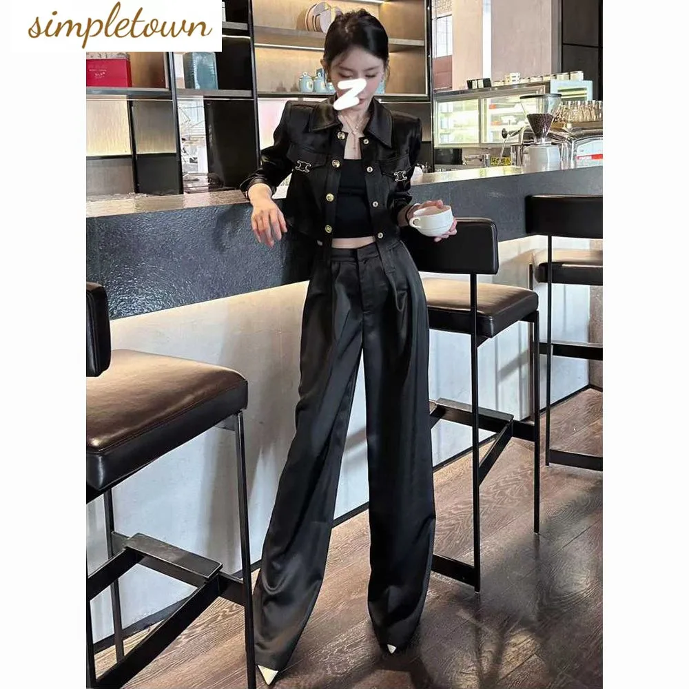 Women's Set Spring/Summer New Satin Fashionable Polo Collar Coat Sunscreen Shirt High Waist Straight Trouser Two Piece Set