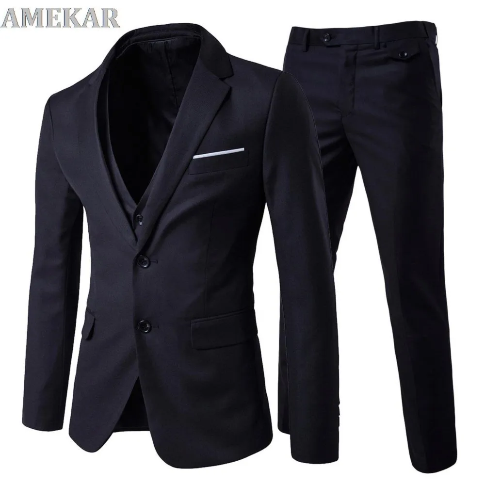 

(Blazer+Pants+Vest) Men's 2 Buttons Slim Fit Solid Jacket Smart Wedding Formal Suit 3 Piece Sets For Man Prom Dress Tuxedo
