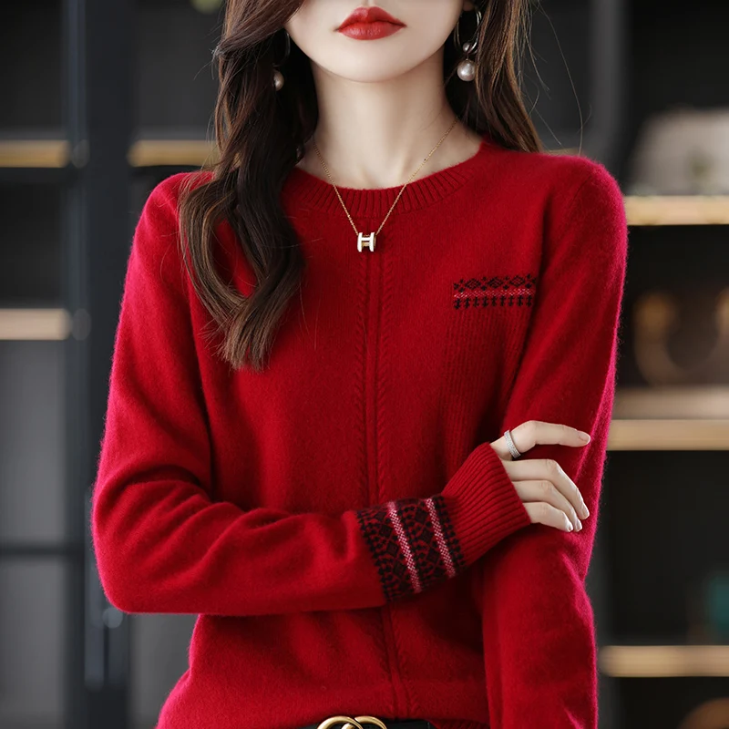 SZDYQH Womens Sweater 2022 New Fashion O-Neck Knitted Jumper 100% Pure Wool Long Sleeve Sweaters Female Casual Pullo