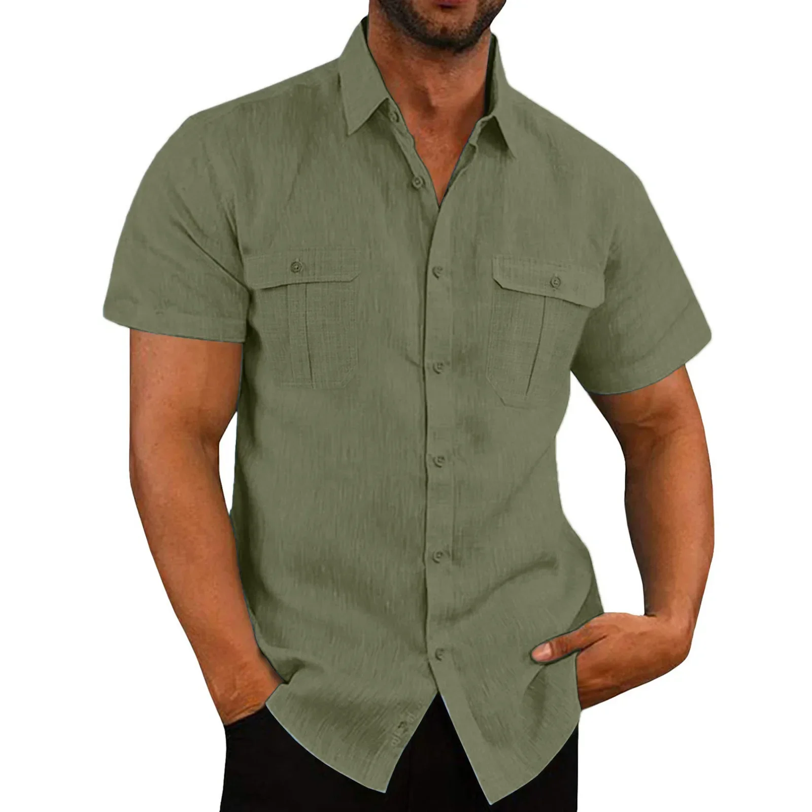Summer Men's Short-Sleeved Shirts Custom Cotton Linen Solid Color Turn-down Collar Casual T-shirt Shirt Male Breathable Shirts