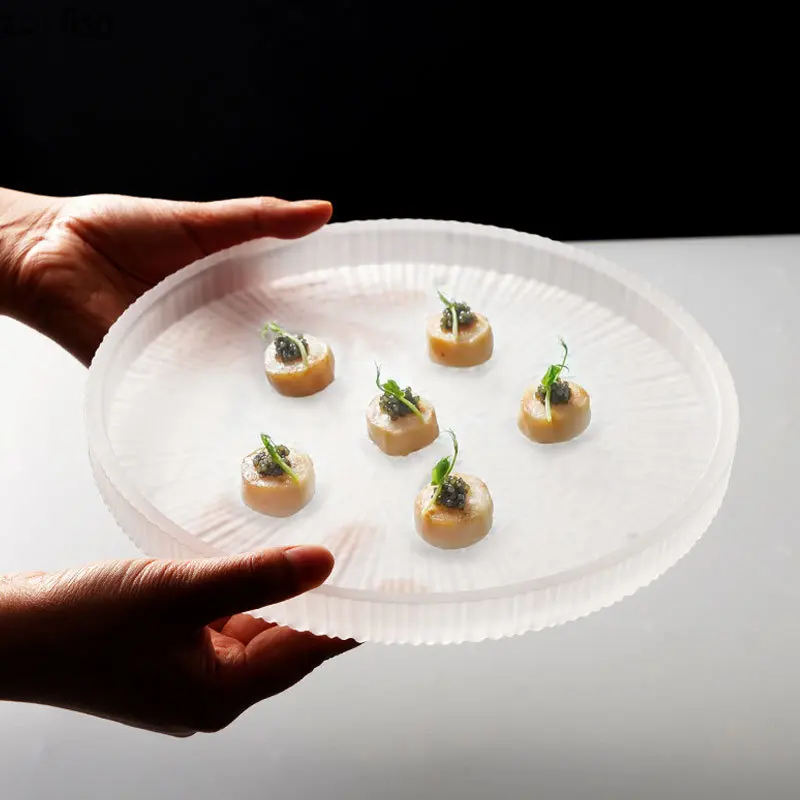 

Круглая тарелка, прозрачная стеклянная посуда, тарелка для западного стейка, искусственная тарелка для фруктов, салатов, сашими, дисковый десерт, искусственный поднос