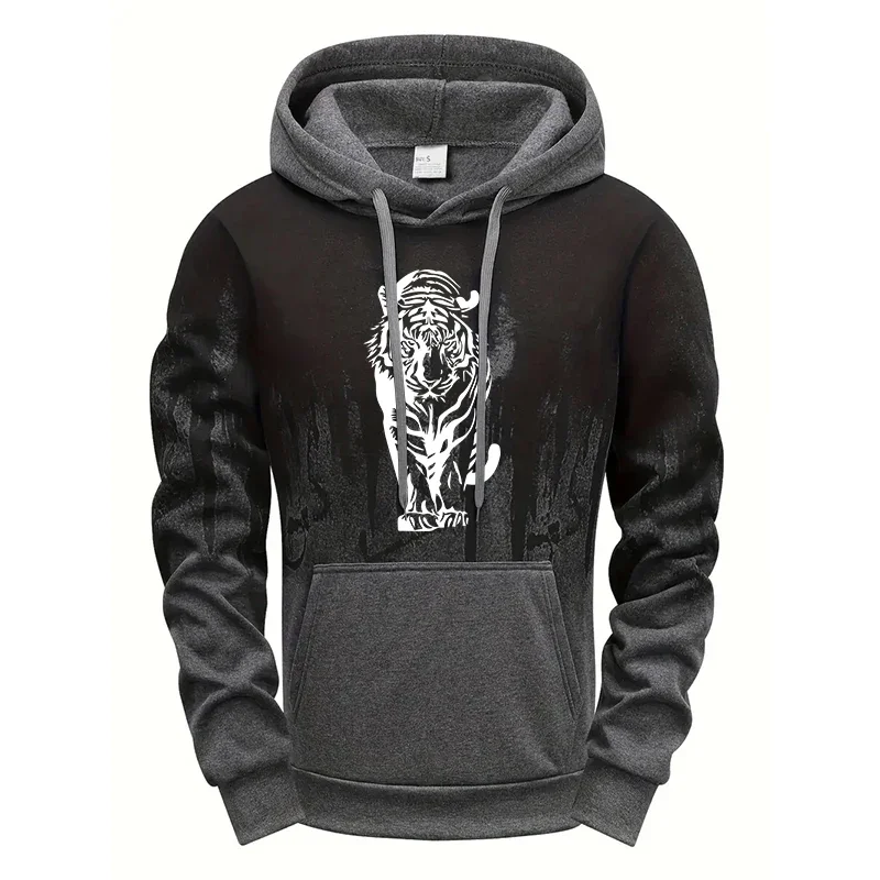 Men's Casual Hoodie with Long Sleeve and Tiger Print