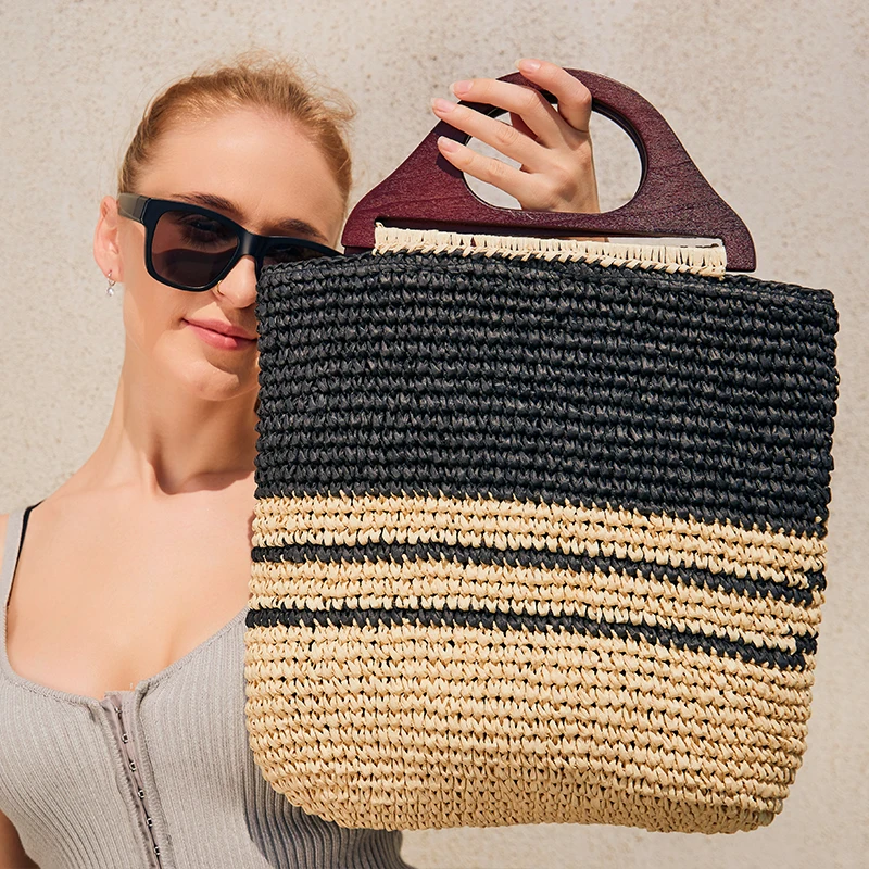 

Vintage Wooden Handle Straw Women Handbags Paper Woven Large Tote Bag Handmade Striped Summer Beach Bags Casual Bali Shopper Sac