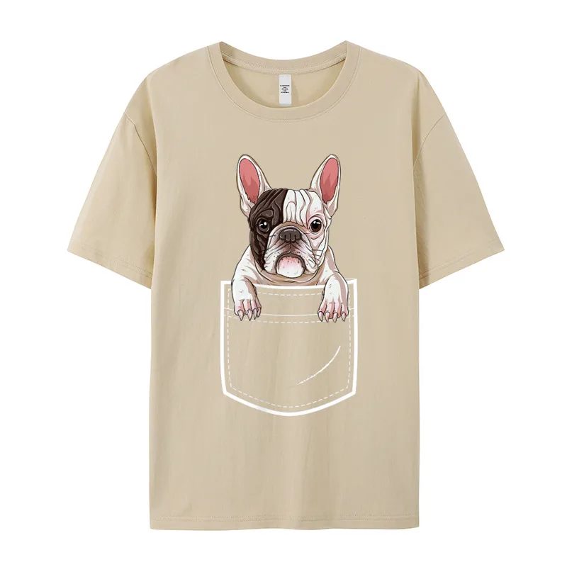 Premium Cotton Female Short Sleeve French Bulldog in Your Front T Shirts Graphic Tops Tees Cute Casual Round Collar Tops Shirts French Bulldog in Your Front Pocket T Shirt Women Men Boys__18651 khaki