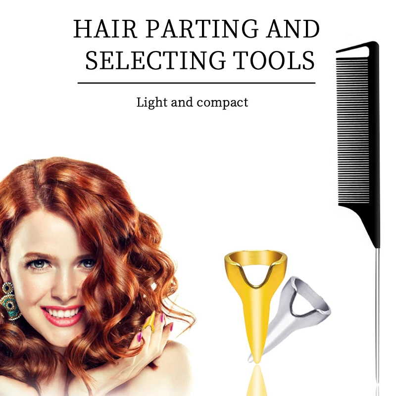 

Hair Parting and Selecting Tools Tail Comb And Metal Hair Braiding Finger Rings Sets