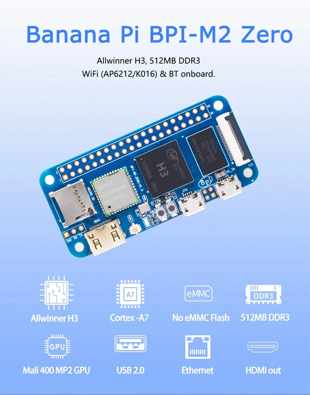 Banana Pi BPI-M2 Zero Alliwnner H3 Cortex-A7 WIFI & BT Same Size As Raspberry Pi