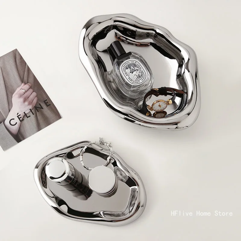 Nordic Silver Plated Ceramic Dish Irregular Tray Decorative Jewelry Organizer ins Creative Tray Luxury Ceramic Storage jewelry tray