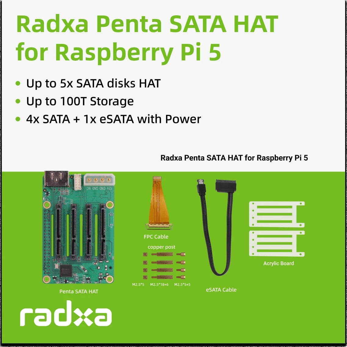 Radxa Penta SATA HAT - עד 5x דיסקים SATA HAT עבור Raspberry Pi 5 ו-ROCK Pi SBCs, 3C,5A, 4A / 4B / 4SE / 4A+ / 4B+ / 3A