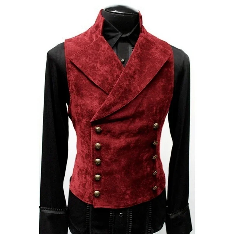 

Mens Gothic Steampunk Velvet Vest Retro Medieval Victorian Waistcoat Men Stand Collar Double Breasted Stage Cosplay Prom Costume