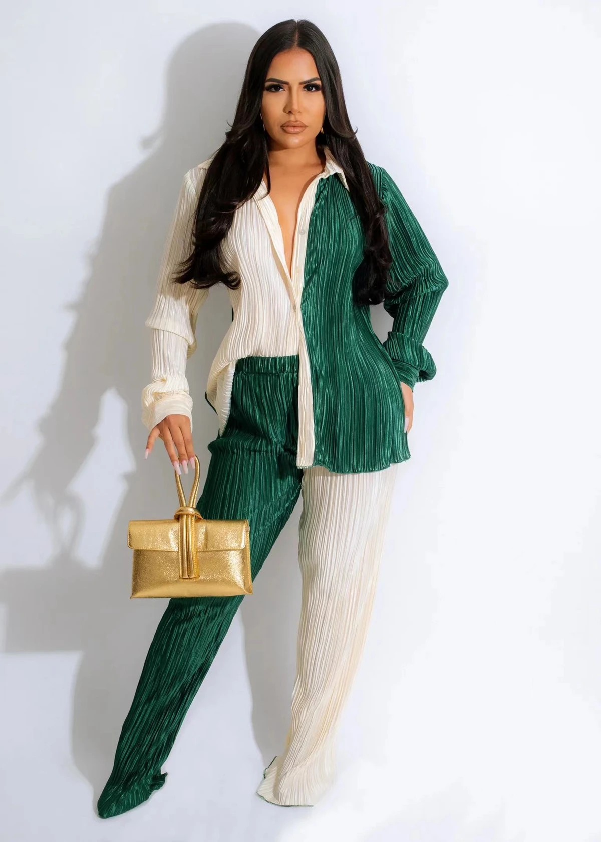 

Повседневная плиссированная рубашка Wishyear с длинным рукавом и широкие брюки, комплект из 2 предметов, женская одежда, осенняя уличная одежда y2k