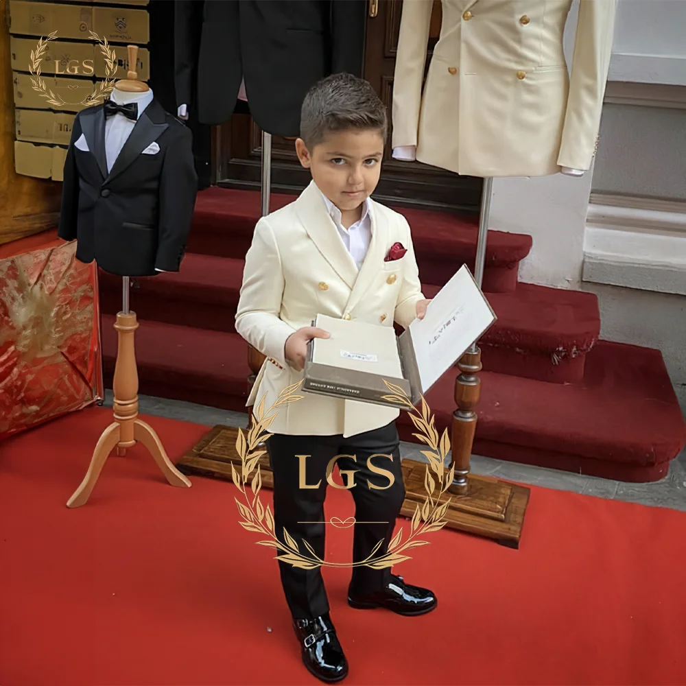 Boys' Beige Double-breasted Suit 2-Piece Suit - (Jacket + Black Pants) Custom Suit for Boys 2-16 Years Old