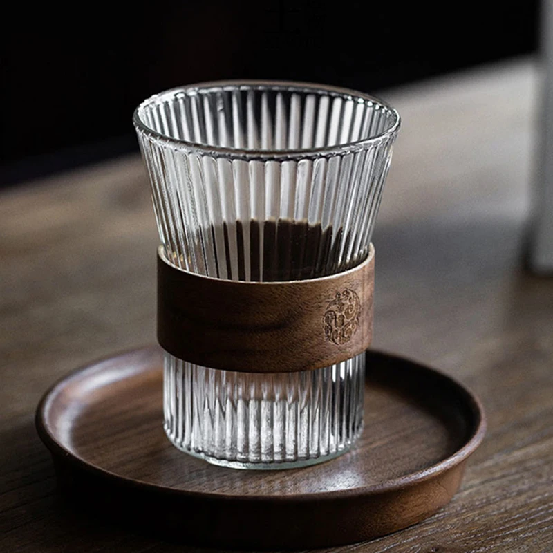 Creative Glass Cup Striped Heat-Resistant Transparent Water Cup With Wooden Holder Mug Kitchen Accessories Coffee Mug Tea Cup