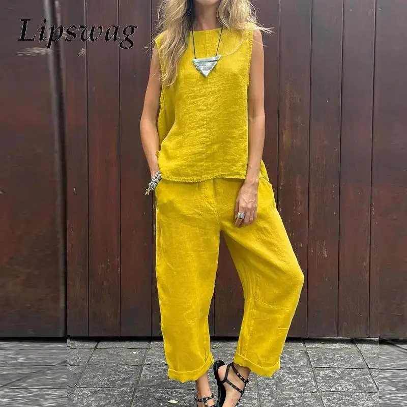 

Женский офисный костюм из двух предметов, блузка без рукавов с круглым вырезом и длинные брюки с карманами, однотонный костюм из хлопка и льна, 2024