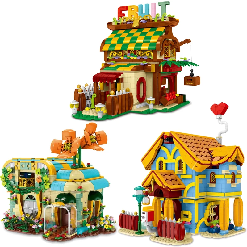 Street View Flowers Bouquet Shop Building Block Ideas Cartoon City Villa Fruit House Bricks Model Creative Expert Boys Toy Moc