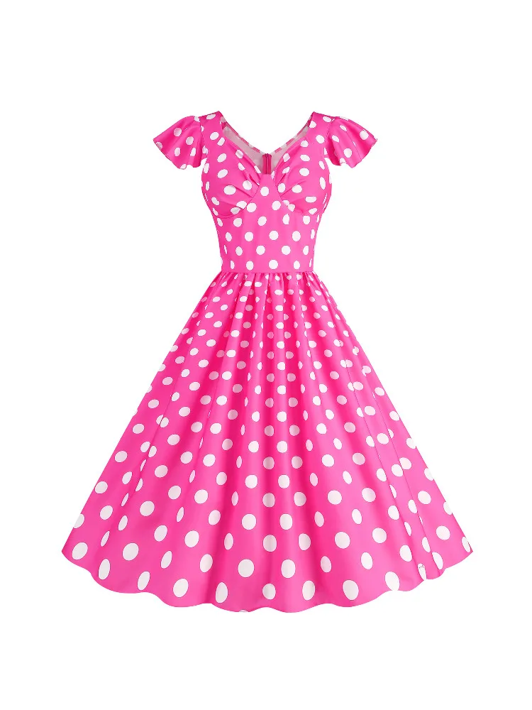 

2024 Retro Elegant Rose Red Polka Dot Dress Audrey Hepburn 50s 60s Vintage Dress Gothic Pin Up Rockabilly Dresses Women Clothing