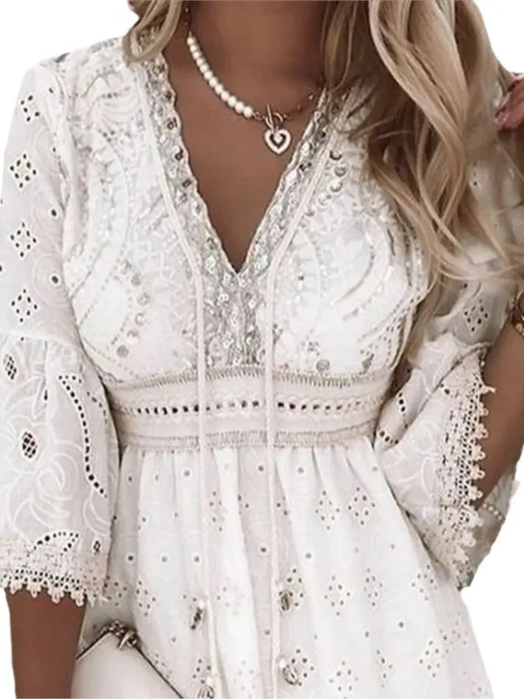 chinese dress ladies Women's V-neck long-sleeved printed lace patchwork dress