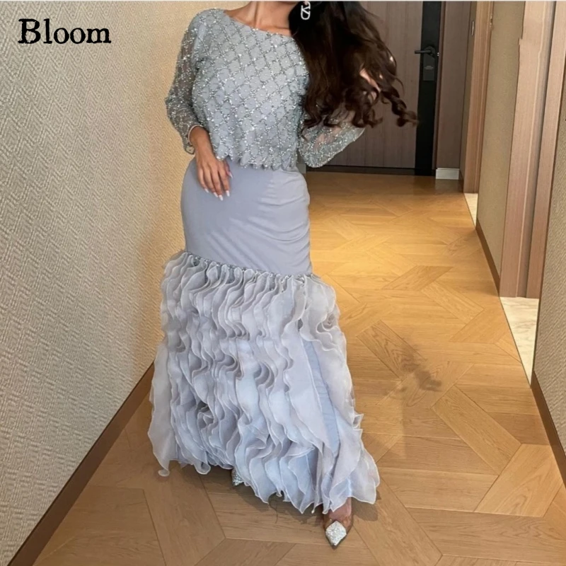 

Bloom Arabia New Design Evening Dresses Mermaid Ruffles Sequins Lace-up Long Sleeves Prom Dresses Elegant Wedding Party Dress