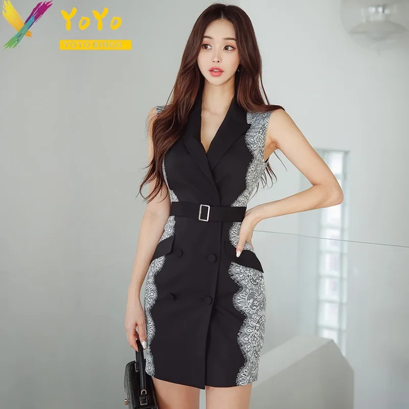 

2023 Summer Black Lace Stitched Double Breasted Suit Dresses Women Fashion Elegant Slim Bodycon Chic Work Wear Dress
