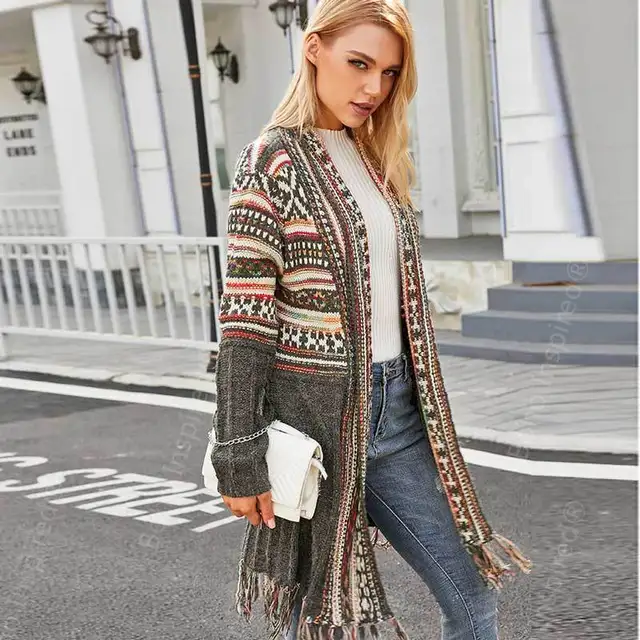Argyle Dệt Kim Cardigan Dài Tua Rua 