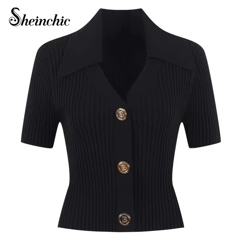 

White Black Knitwear Women 2022 Summer Luxury Designer Casual Short Sleeve Pull Femme Korean Fashion Slim Sweater Mujer