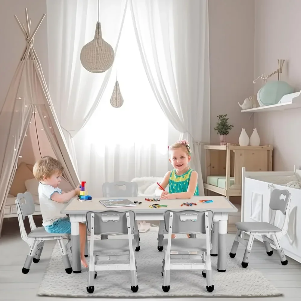 Kids Study Table and 6 Chairs Set, Height Adjustable Graffiti Table, Preschool Activity Art Craft Table for 6, Multifunctional 6