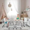 Kids Study Table and 6 Chairs Set, Height Adjustable Graffiti Table, Preschool Activity Art Craft Table for 6, Multifunctional 6