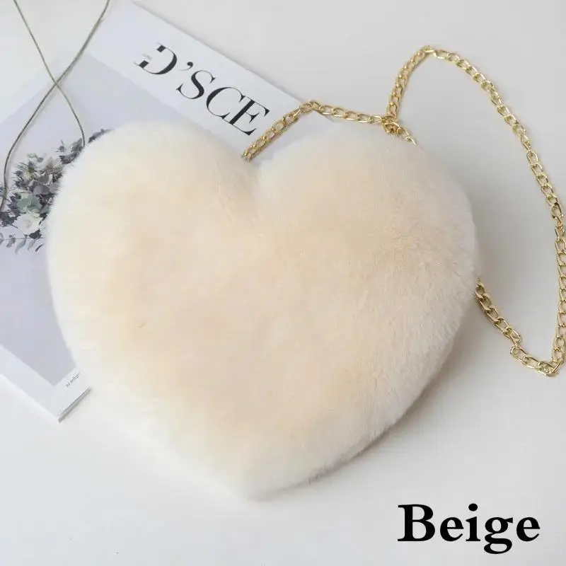 Fashionable Imitation Rabbit Hair Heart-shaped Bag Women's Handbag Shoulder Bag Cute Solid Color Crossbody Plush Heart Chain Bag