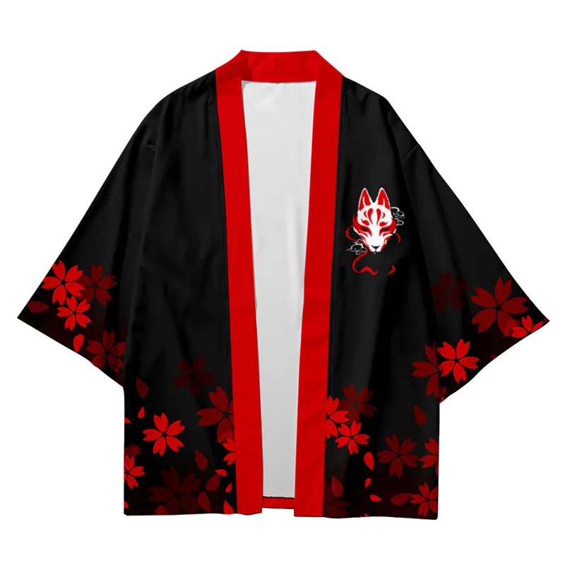 Flower Fox Kimono Yukata Men Women Cardigan Loose Blouse Haori Obi Asian Anime Clothes Harajuku Japanese Kimono