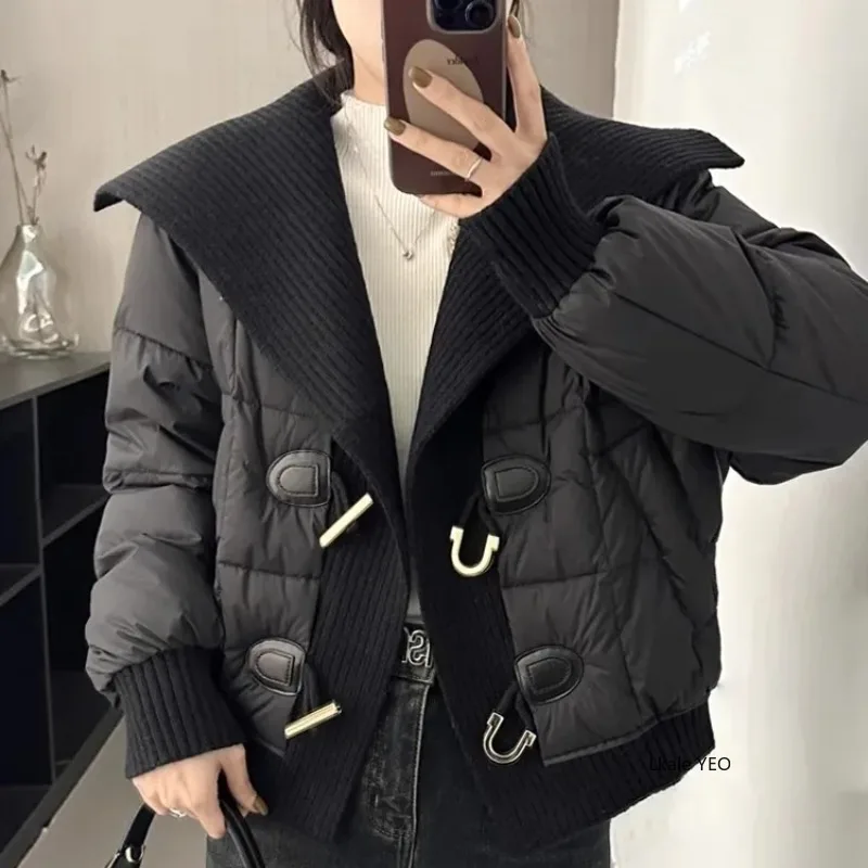 New Women's Down Cotton Jacket 2025 Knitting Splicing Fashion Ladies Winter Parka Coat Korean Version Lapel Female Outerwear