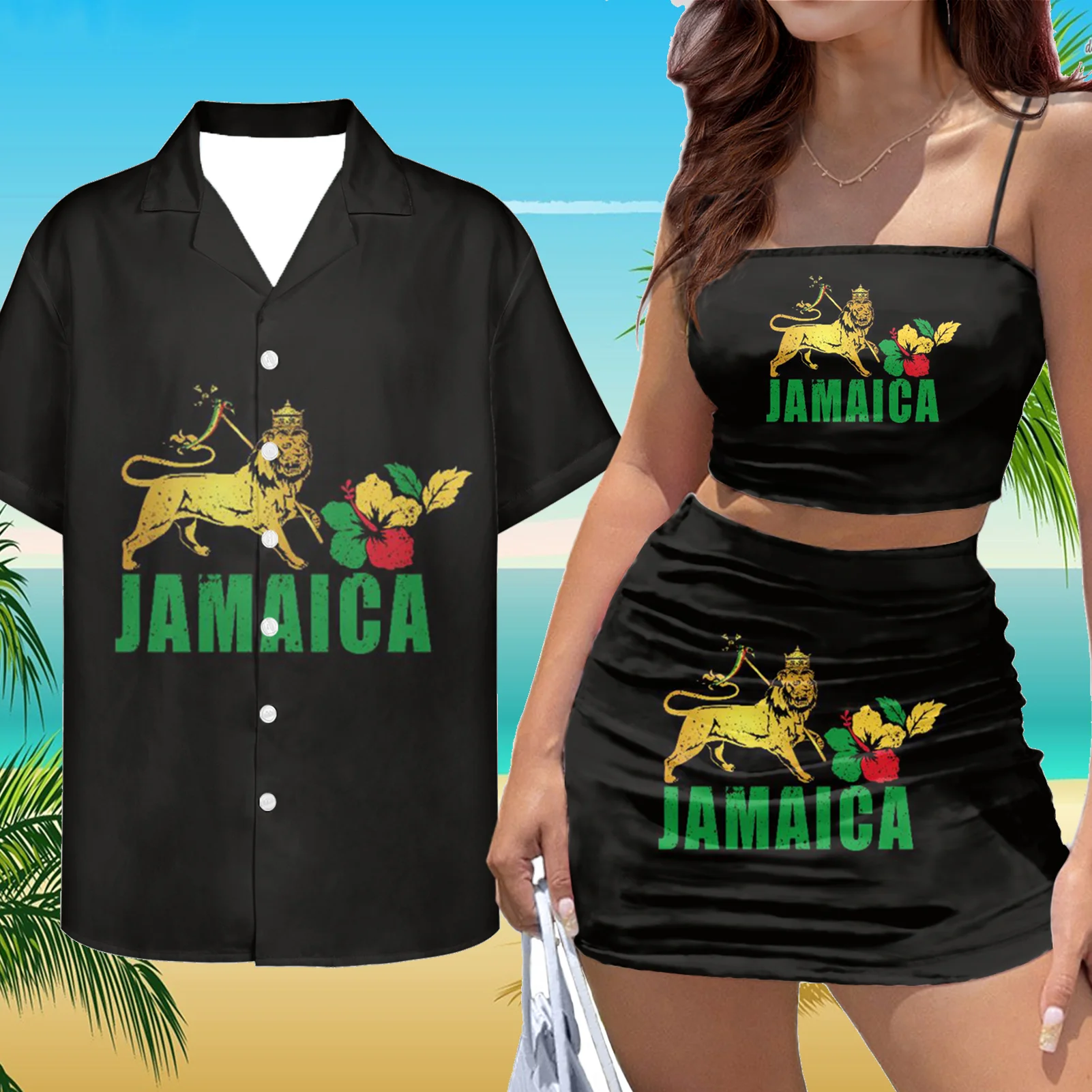 

Summer Women Short Dress Outfits Men Shirts Jamacia Lion Design Couple Outfits Summer Halter Mini Dress Couple Clothing Set 2023