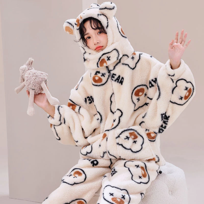 Print Warm Sleepwear Winter Women Pajama Hooded Thick Coral Velvet Women Nightwear Zipper Korean Long Sleeve Trouser Soft Pyjama
