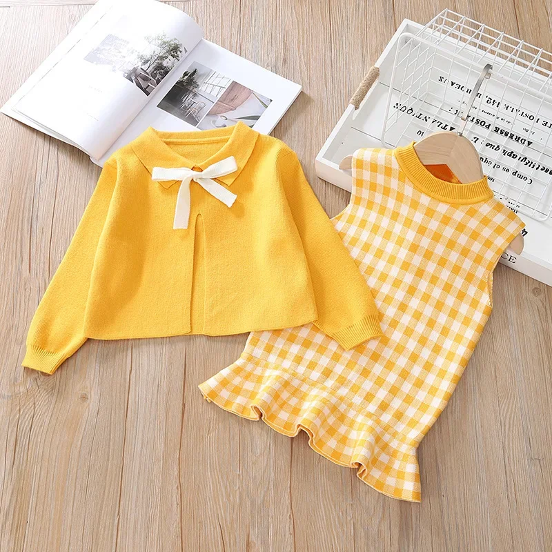 

Girls Knit Sweater Toddler Sleeveless Sweater Set Girl Winter Cute Party Plaid Clothing Kids Korean Style Spring Two-piece Sets