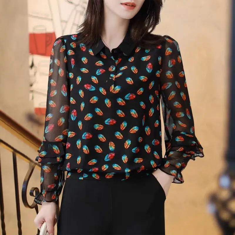 Autumn Women's New Black Bottom Flower Shirt Fashion Print Long Sleeve Ruffle Lace Comfortable Shirt Vintage Chiffon Shirt